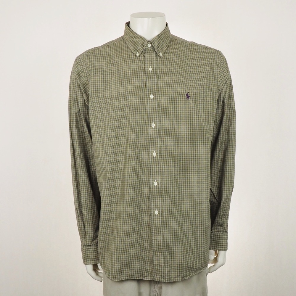 Polo Ralph Lauren Button Down Shirt Mens XL Green Brown Plaid Classic Fit Cotton